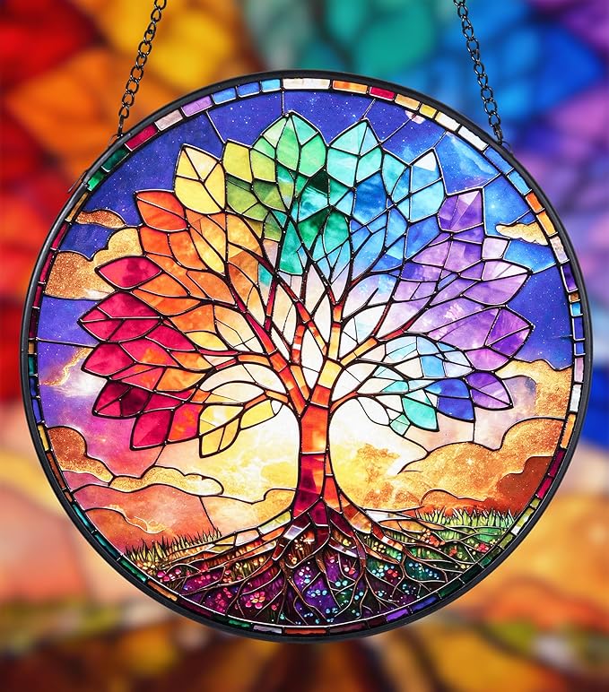 Stained Glass Window Hanging, Colorful Tree of Life Suncatcher 7.8 in Sun Catcher Boho Wall Art Decor with Chain Diamond Glass Panel Hangings Scenery Sun Catchers Decor for Lover Couple Mom