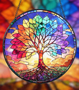 Stained Glass Window Hanging, Colorful Tree of Life Suncatcher 7.8 in Sun Catcher Boho Wall Art Decor with Chain Diamond Glass Panel Hangings Scenery Sun Catchers Decor for Lover Couple Mom