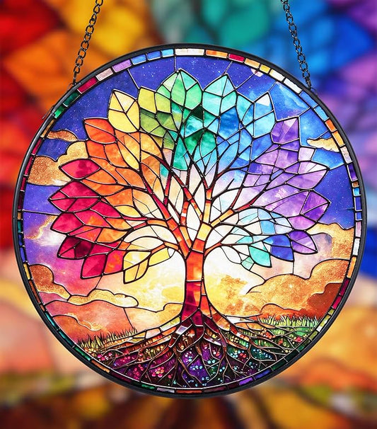 Stained Glass Window Hanging, Colorful Tree of Life Suncatcher 7.8 in Sun Catcher Boho Wall Art Decor with Chain Diamond Glass Panel Hangings Scenery Sun Catchers Decor for Lover Couple Mom