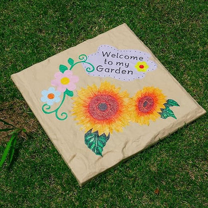 4Pcs Square Sunflower Stepping Stone Outdoor Garden Walkway, Durable Plastic Pavers for Patio, Pathway, and Landscaping, Weatherproof Stepping Stones with Ground Stakes for Easy Installation