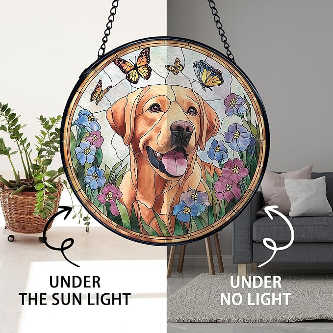 TNUW Labrador Retriever Flower Stained Glass Window Hanging, Labrador Retriever Gifts Sun Catchers Indoor Window Glass Round Wall Art Decor, Dog Sunflower Wall Hanging Decorations, 7.9＂x7.9＂