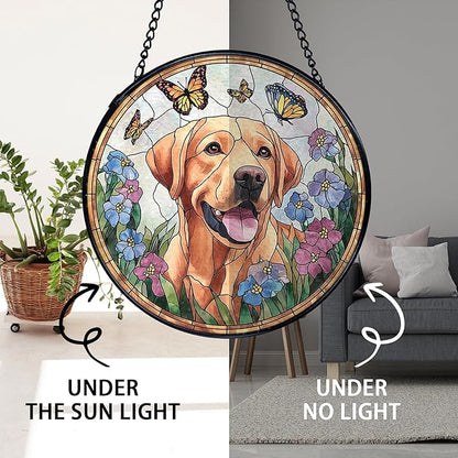TNUW Labrador Retriever Flower Stained Glass Window Hanging, Labrador Retriever Gifts Sun Catchers Indoor Window Glass Round Wall Art Decor, Dog Sunflower Wall Hanging Decorations, 7.9＂x7.9＂