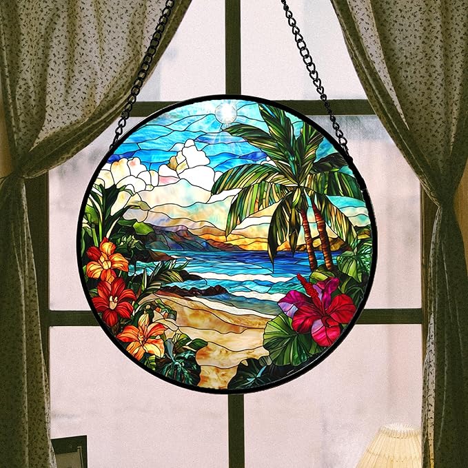 DASTOLL Stained Glass Window Hanging, Blue Beach Scenery Suncatcher Diamond Glass Panel Hangings Sun Catchers Decor for Birthday for Women, Men, Wife, Aunt, and Mom 14.9x14.9 in