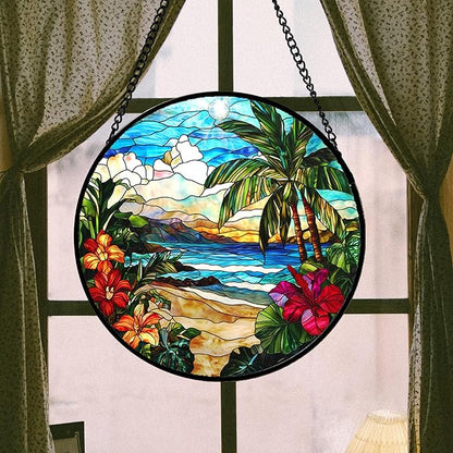 DASTOLL Stained Glass Window Hanging, Blue Beach Scenery Suncatcher Diamond Glass Panel Hangings Sun Catchers Decor for Birthday for Women, Men, Wife, Aunt, and Mom 14.9x14.9 in