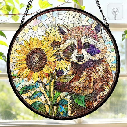 7.8 Inch Stained Glass Window Hanging Sunflower Raccoon Sun Catcher Indoor Window Door Wall Yard Home Decor Colorful Glass Panel Suncatcher Gifts for Women Men Mom Grandma