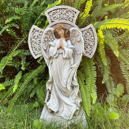 Memorial Angel Statue with Cross, 12 Inch Remembrance Angel for Loved One, Graveside or Home Sympathy Decor, Handwriting-Friendly Base