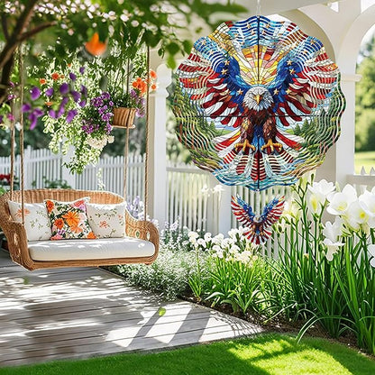 Hanging Wind Spinners Outdoor, 3D Kinetic Metal Wind Spinner with American Flag Bald Eagle Design for Garden Yard Decor, Patriotic Themed Gifts for Men Women Veterans