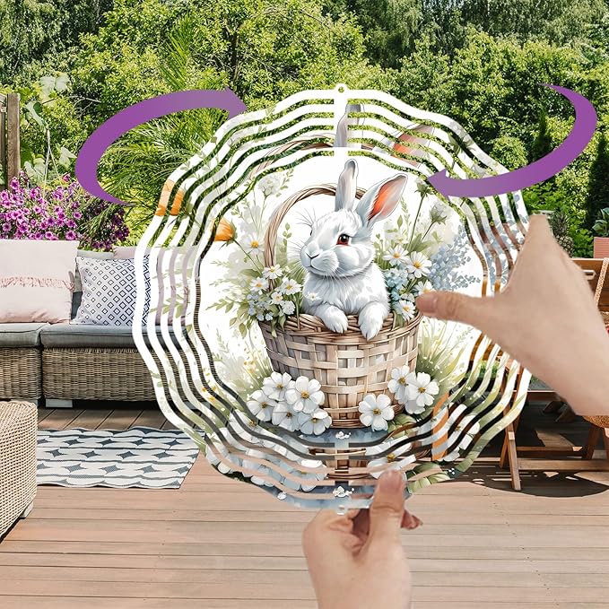 Easter Bunny Wind Spinner Easter Day Gifts 3D Metal Kinetic Hanging Wind Sculpture Spinners for Yard and Garden Indoor Outdoor Window Easter Rabbit Yard Art Garden Decoration 8 Inch (Bunny 2)