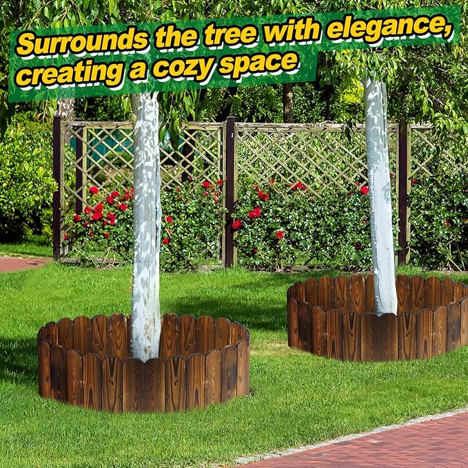 Rustic Pine Wood Garden Fence - 13.2ft Total Length (2pcs 6.6ft L*12in H) Easy to Install Sturdy Wooden Landscape Edging Border, No Fading Planter Fencing for Yard Flower Bed Lawns Pathway Tree