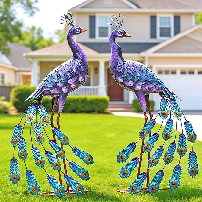 Kircust Purples Peacock Garden Statue and Sculpture, Metal Peacocks Yard Art Lawn Decor, Large Birds Garden Sculptures & Statues for Patio Backyard Pond Home Decoration