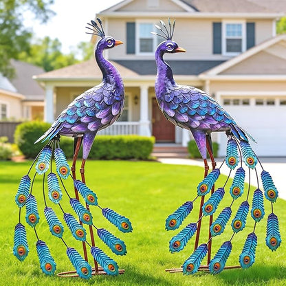 Kircust Purples Peacock Garden Statue and Sculpture, Metal Peacocks Yard Art Lawn Decor, Large Birds Garden Sculptures & Statues for Patio Backyard Pond Home Decoration