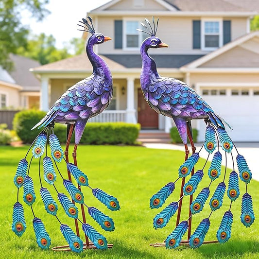 Kircust Purples Peacock Garden Statue and Sculpture, Metal Peacocks Yard Art Lawn Decor, Large Birds Garden Sculptures & Statues for Patio Backyard Pond Home Decoration