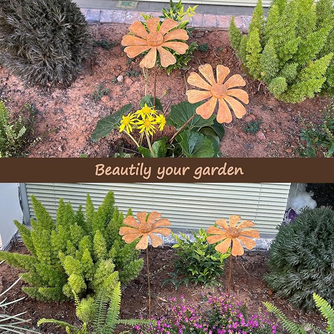 2 PCS Rustic Chamomile Garden Decor for Outside,Metal Flower Bed Decorations，Rusty Flower Art Spring Decor,Garden Stakes Decorative,Chamomile Outdoor Sculptures and Yard Art, Lawn Ornaments