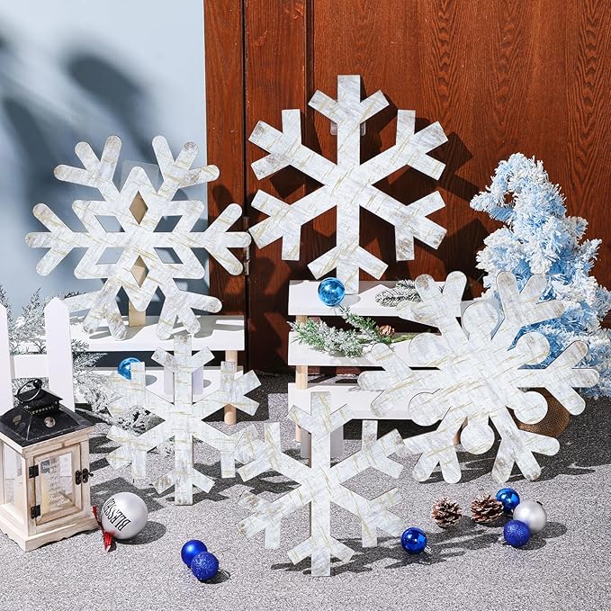 Yuntau 5 Pcs Large Winter Rustic Wooden Snowflake Decorations - Christmas Snowflakes Porch Standing Xmas Yard Signs for Front Door Garden Yard Patio