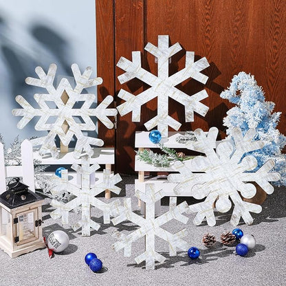 Yuntau 5 Pcs Large Winter Rustic Wooden Snowflake Decorations - Christmas Snowflakes Porch Standing Xmas Yard Signs for Front Door Garden Yard Patio