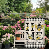 ORTIGIA Home Sweet Home Bee Garden Flag Double Sided 12.5x18 Inch, Spring Summer Yellow Flower Buffalo Plaid Check Small Yard Flag Burlap Farmhouse Rustic Outside Outdoor Lawn Patio Decor