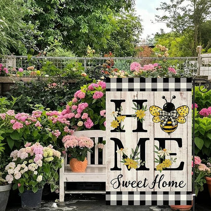 ORTIGIA Home Sweet Home Bee Garden Flag Double Sided 12.5x18 Inch, Spring Summer Yellow Flower Buffalo Plaid Check Small Yard Flag Burlap Farmhouse Rustic Outside Outdoor Lawn Patio Decor