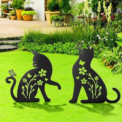 Ouddy Mode 2 Packs Cat Garden Decor for Outside, Cat Gifts for Women/Men/Mom/Grandma, Metal Decorative Garden Stakes for Outdoor Lawn Statues Yard Art