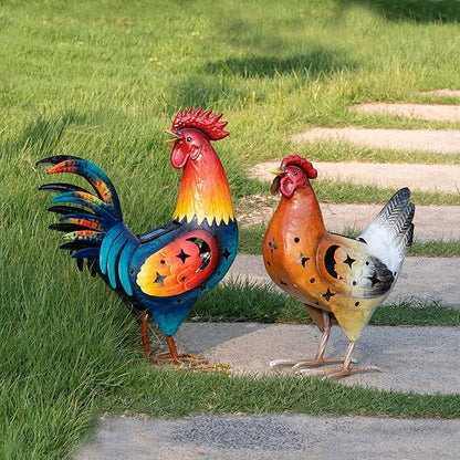 Natelf Solar Rooster and Hen Statue, Outdoor Metal Chicken Decor with Solar Lights, Hand-Painted Farmhouse Garden Art for Yard, Patio, Chicken Coop - Housewarming Gifts Set of 2