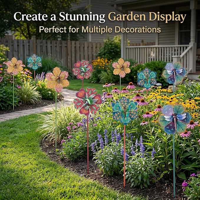 Topadorn Metal Floral Garden Stakes Waterproof Wind Spinner Decor - Colorful Windmill Design for Patio, Lawn, Garden, for Plant Lovers,4 Pack