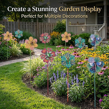 Topadorn Metal Floral Garden Stakes Waterproof Wind Spinner Decor - Colorful Windmill Design for Patio, Lawn, Garden, for Plant Lovers,4 Pack