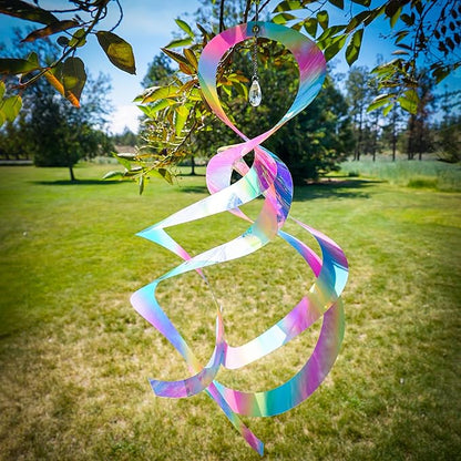 In the Breeze 9158 — Striped Iridescent Mylar Spin Quartet with Crystal — Colorful Suncatcher Wind Spinner for Yards and Gardens with Plastic Crystal…
