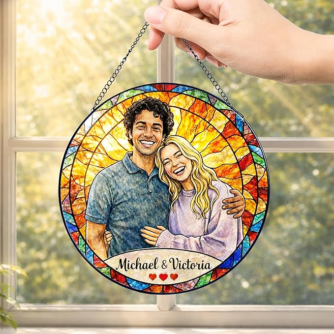 Personalized Photo Couple Stained Glass Suncatcher, Custom Picture Window Hanging Glass, Unique for Wedding Married Couples, Valentine's Day Girlfriend Sentimental Romantic Home Decor