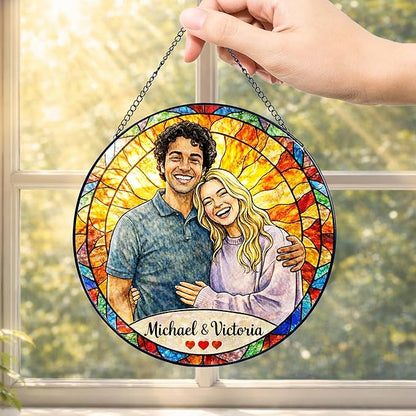 Personalized Photo Couple Stained Glass Suncatcher, Custom Picture Window Hanging Glass, Unique for Wedding Married Couples, Valentine's Day Girlfriend Sentimental Romantic Home Decor
