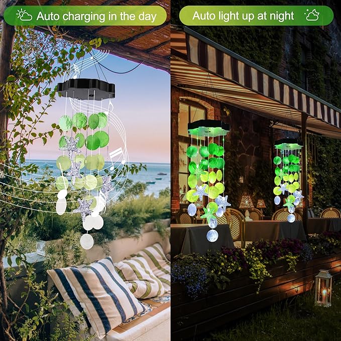 Solar Shell Gift for Mom Grandma Girls, White & Green Solar Christmas Wind Chimes for Outside, Outdoor Decorative Mobile Lights for Garden, Yard, Patio, Window, Party, Christmas Decorations