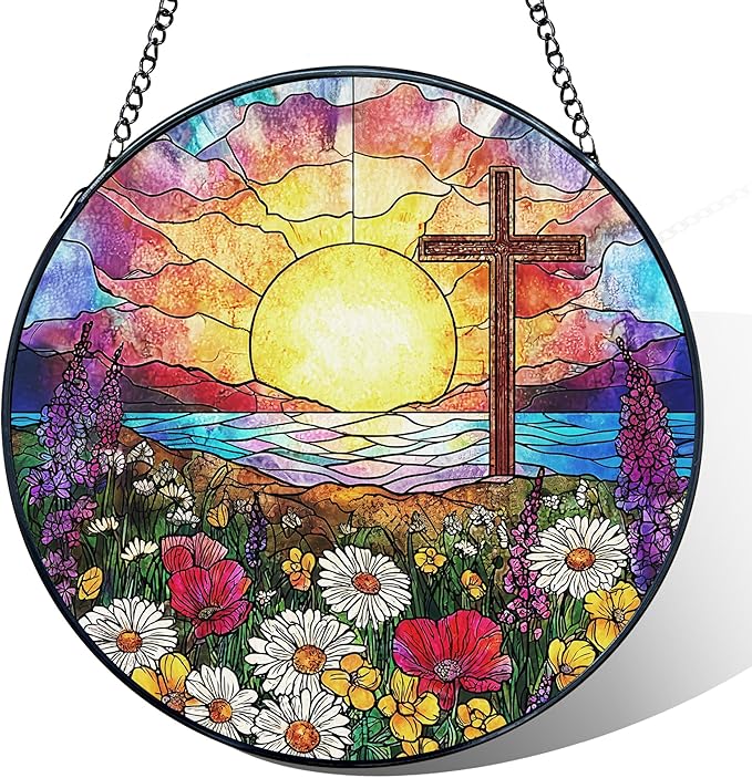 Cross Flower Stained Glass Window Hanging, Cross Suncatchers, Wildflower Christian Easter Sun Catchers Indoor Window Round Glass Wall Art Hanging Decorations, 7.9x7.9in