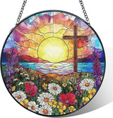 Cross Flower Stained Glass Window Hanging, Cross Suncatchers, Wildflower Christian Easter Sun Catchers Indoor Window Round Glass Wall Art Hanging Decorations, 7.9x7.9in