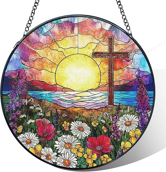 Cross Flower Stained Glass Window Hanging, Cross Suncatchers, Wildflower Christian Easter Sun Catchers Indoor Window Round Glass Wall Art Hanging Decorations, 7.9x7.9in