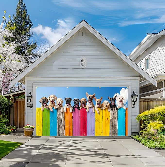 157.5x70.9in Large Garage Door Banner Cute Dog Garage Door Cover Outdoor Decorations with Grommets & Rope for House Exterior Party Driveway Decor