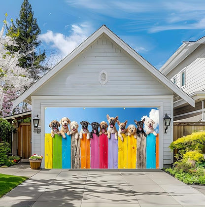 157.5x70.9in Large Garage Door Banner Cute Dog Garage Door Cover Outdoor Decorations with Grommets & Rope for House Exterior Party Driveway Decor