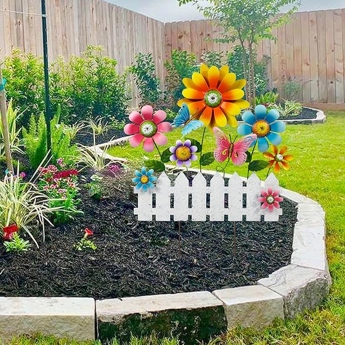 Colorful Flower Garden Stake with Butterflies & White Fence, Outdoor Yard Art Decor, Metal Floral Lawn Stakes for Garden, Patio, Flower Bed, Spring & Summer Outdoor Decoration
