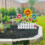 Colorful Flower Garden Stake with Butterflies & White Fence, Outdoor Yard Art Decor, Metal Floral Lawn Stakes for Garden, Patio, Flower Bed, Spring & Summer Outdoor Decoration