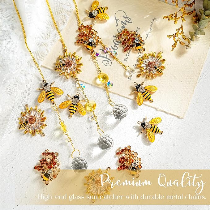H&D HYALINE & DORA 3 Pack Sun Catcher Crystal Honeycomb Bee Ornaments Crystals Bumblebee Honeycomb with Glass Prisms Decor Garden Suncatcher Window Hanging Gifts for Women,Bee Lovers