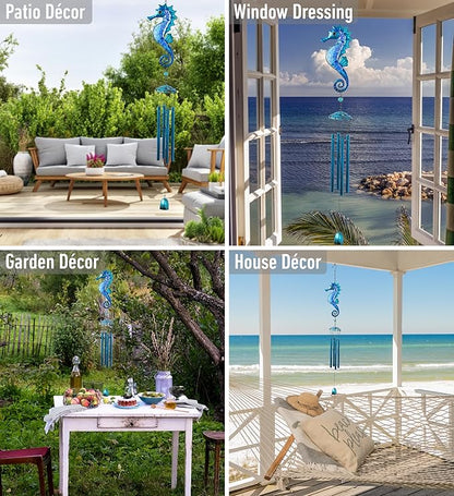 CoTa Global Blue Seahorse Wind Chime - Handcrafted Glass and Metal Chime - Hanging Seahorse Decoration for Indoor and Outdoor Spaces, Hanging Ocean Animal Windchime Decor Gift - 35 Inches