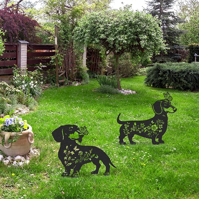 Dachshund Garden Stakes Decorations - 2 Pcs Metal Dog Lover Statues Set Decor for Yard Black Butterfly Gifts Silhouette Lawn Ornaments Outdoor Cute Art Flowers Patio Signs Animals Sculpture