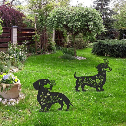 Dachshund Garden Stakes Decorations - 2 Pcs Metal Dog Lover Statues Set Decor for Yard Black Butterfly Gifts Silhouette Lawn Ornaments Outdoor Cute Art Flowers Patio Signs Animals Sculpture