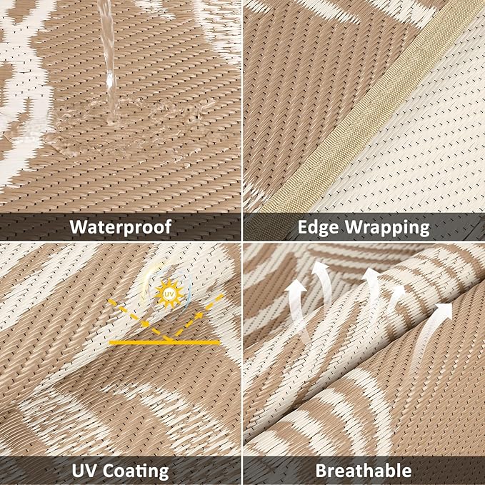 Pauwer Waterproof Outdoor Rug 6ft, Reversible Plastic Straw Patio Camping Rug, Indoor Outdoor RV Mat Carpet for Deck, Camper, Porch, Balcony, Backyard, Picnic, Boho Brown