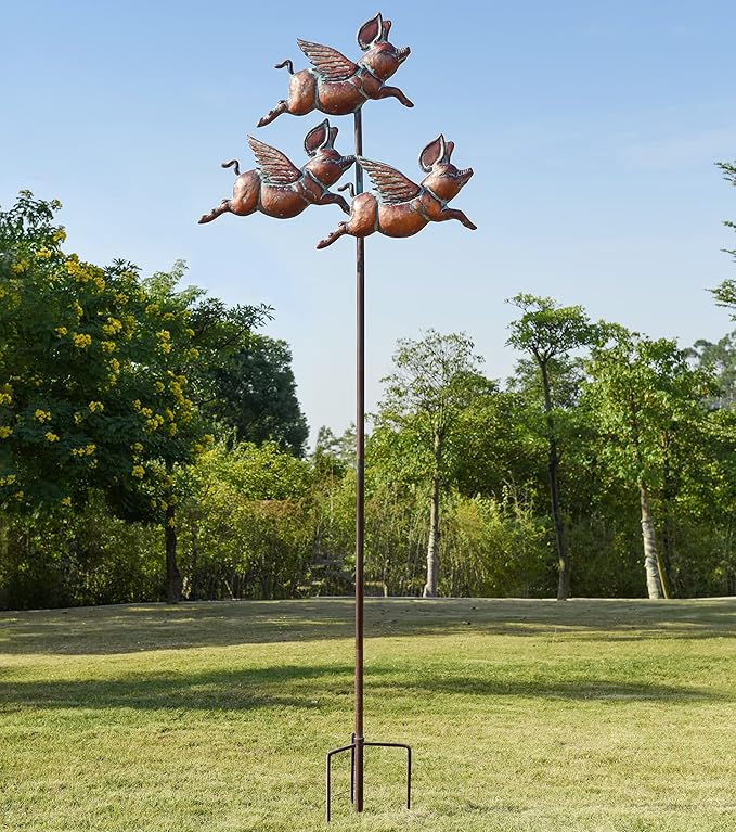 Metal Flying Pigs Spinner Outdoor Decorative Stake, Waterproof Garden Decor, Animal Art Sculpture & Statue Decoration for Yard, Patio, Lawn