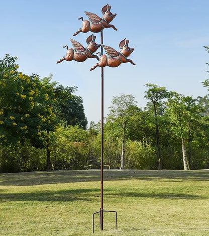 Metal Flying Pigs Spinner Outdoor Decorative Stake, Waterproof Garden Decor, Animal Art Sculpture & Statue Decoration for Yard, Patio, Lawn