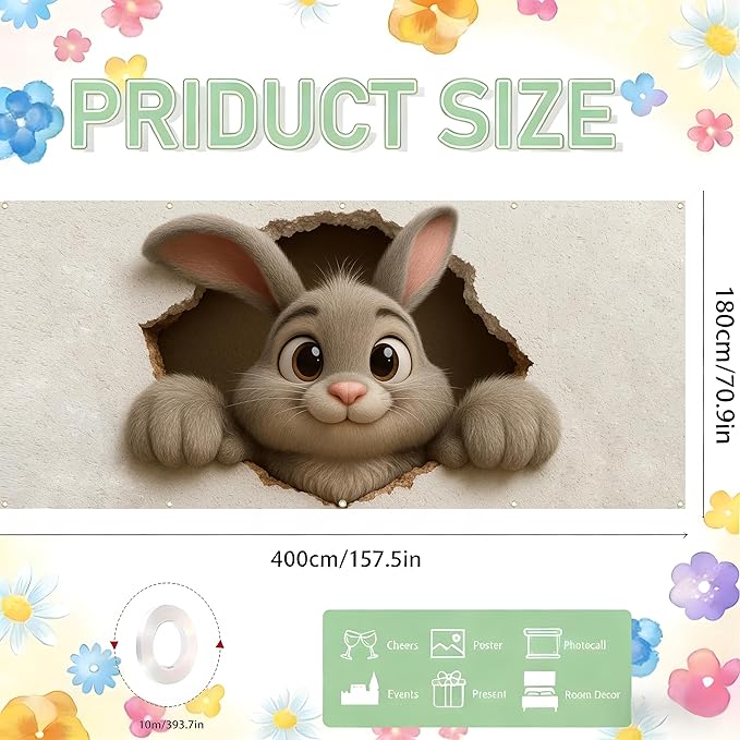 Easter Garage Door Banner Cover, Cute Bunny Wall-Breaking Spring Party Backdrop Decor, Garage Door Cover For Outdoor Yard Holiday Decoration