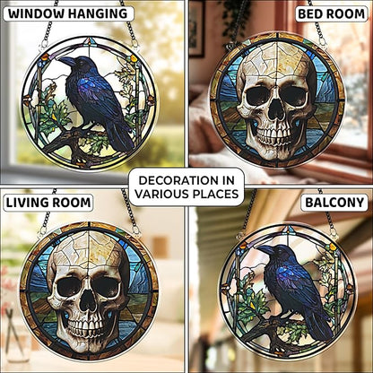 2 Halloween Raven Skull Acrylic Window Hanging 6" Ornaments, Art Gothic Decor for Home, Indoor, Garden, Housewarming, Gift for Mom, Grandma, Women, Friend SCB-A6-GT1
