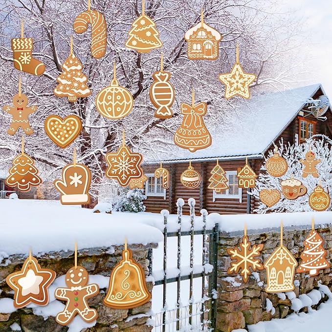 Rtteri 30 Pcs Christmas Gingerbread House Decorations Bulk 5 x 6 Inch Double Sided Snowflake Gingerbread Candy Canes Plastic Hanging Ornaments for Xmas Tree Yard Porch Lawn Holiday Decorations