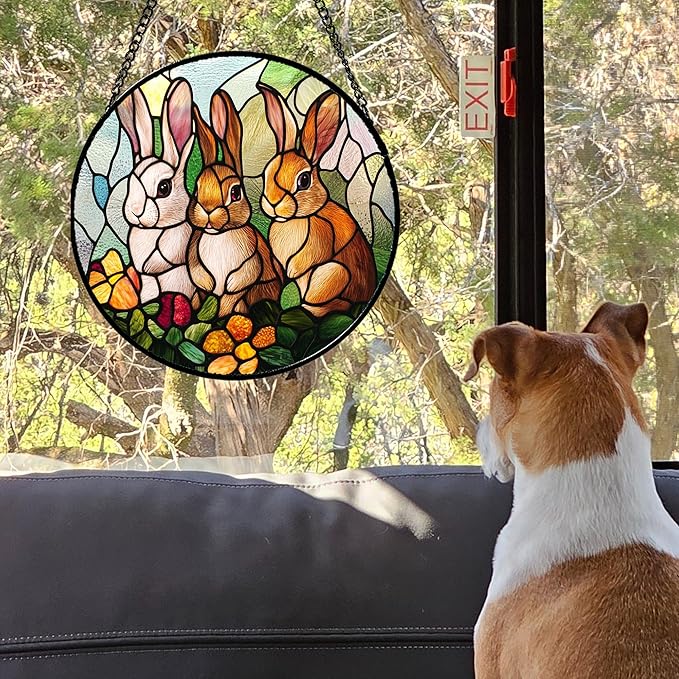 Stained Glass Window Hanging - 3 Cute Rabbits Suncatcher for Doors Garden Patio Bunny Sun Catchers Decor Christmas Mother's Day Birthday Teenager Gifts for Women Men Mom Nana Friend 11.8 in