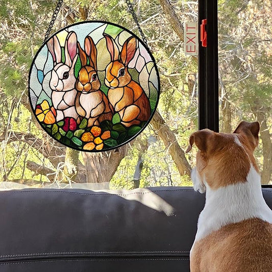 Stained Glass Window Hanging - 3 Cute Rabbits Suncatcher for Doors Garden Patio Bunny Sun Catchers Decor Christmas Mother's Day Birthday Teenager Gifts for Women Men Mom Nana Friend 7.8 in