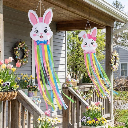 2PCS Easter Windsocks Outdoor Decorations Bunny Spring Hanging Floating Face Wind Socks for Yard Garden Porch Patio Decor