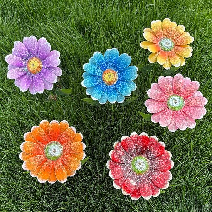Metal Flower Garden Stakes, 6 Pc. Set,22 inch Outdoor Decor Stakes for Spring Decor, Rust and Weather Resistant Flowers with Shaking Head Yard Art for Outdoor Lawn Patio Pathway Decorations